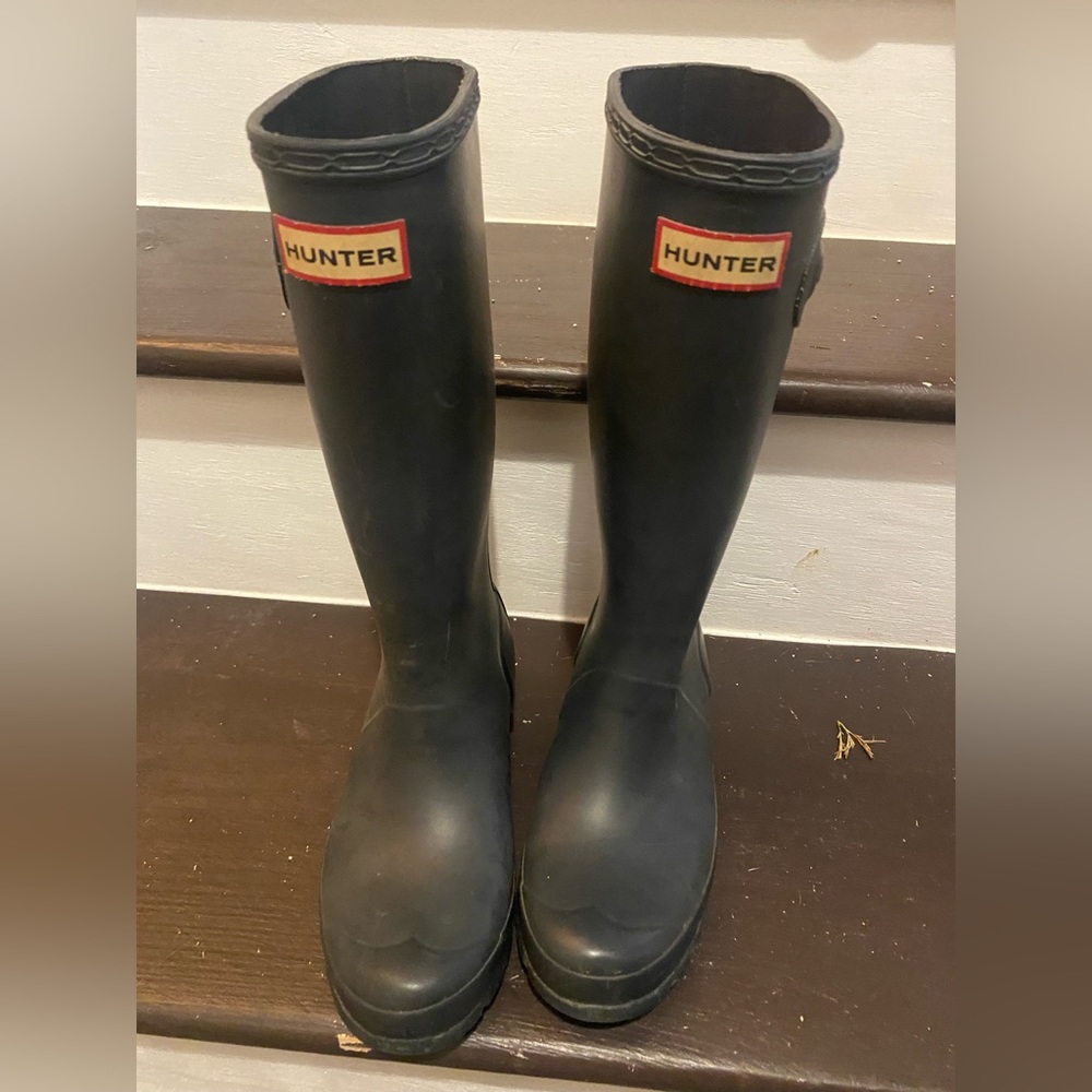 Hunter Kids Tall Black Rain Boots with Red Logo Accent